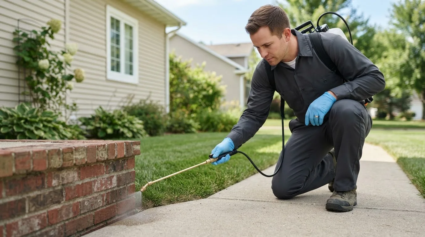 Pest control technician treating a home near Milford, CT